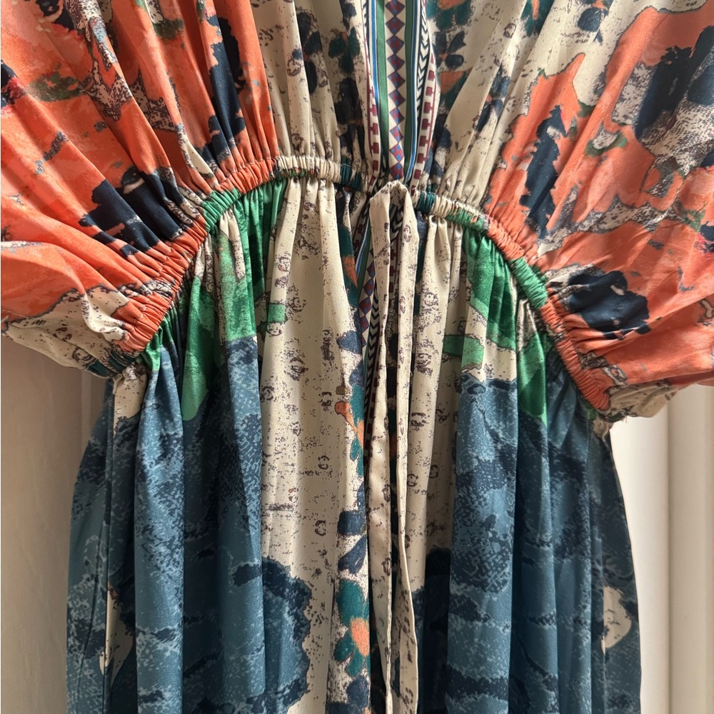 Elegant Abstract Maxi Dress in Orange, Green, and Blue